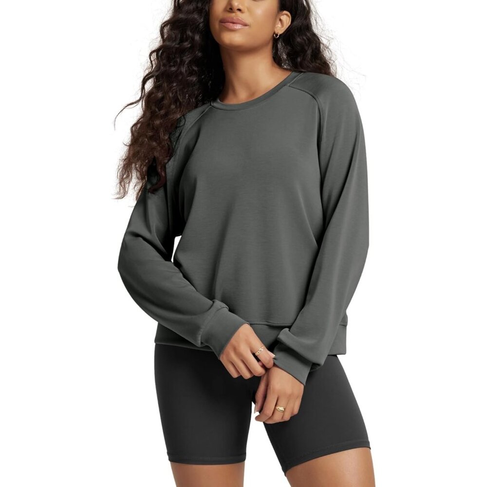 Women's Charcoal Soft Raglan Long Sleeves Sweatshirts for Oversized Crew Neck